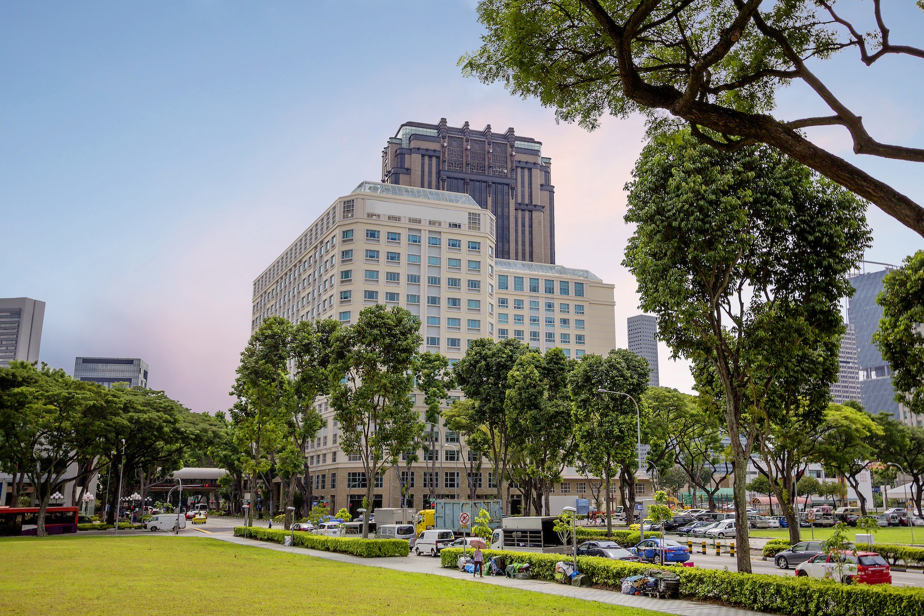Raffles Hospital stands against the Singapore skyline, behind a row of trees