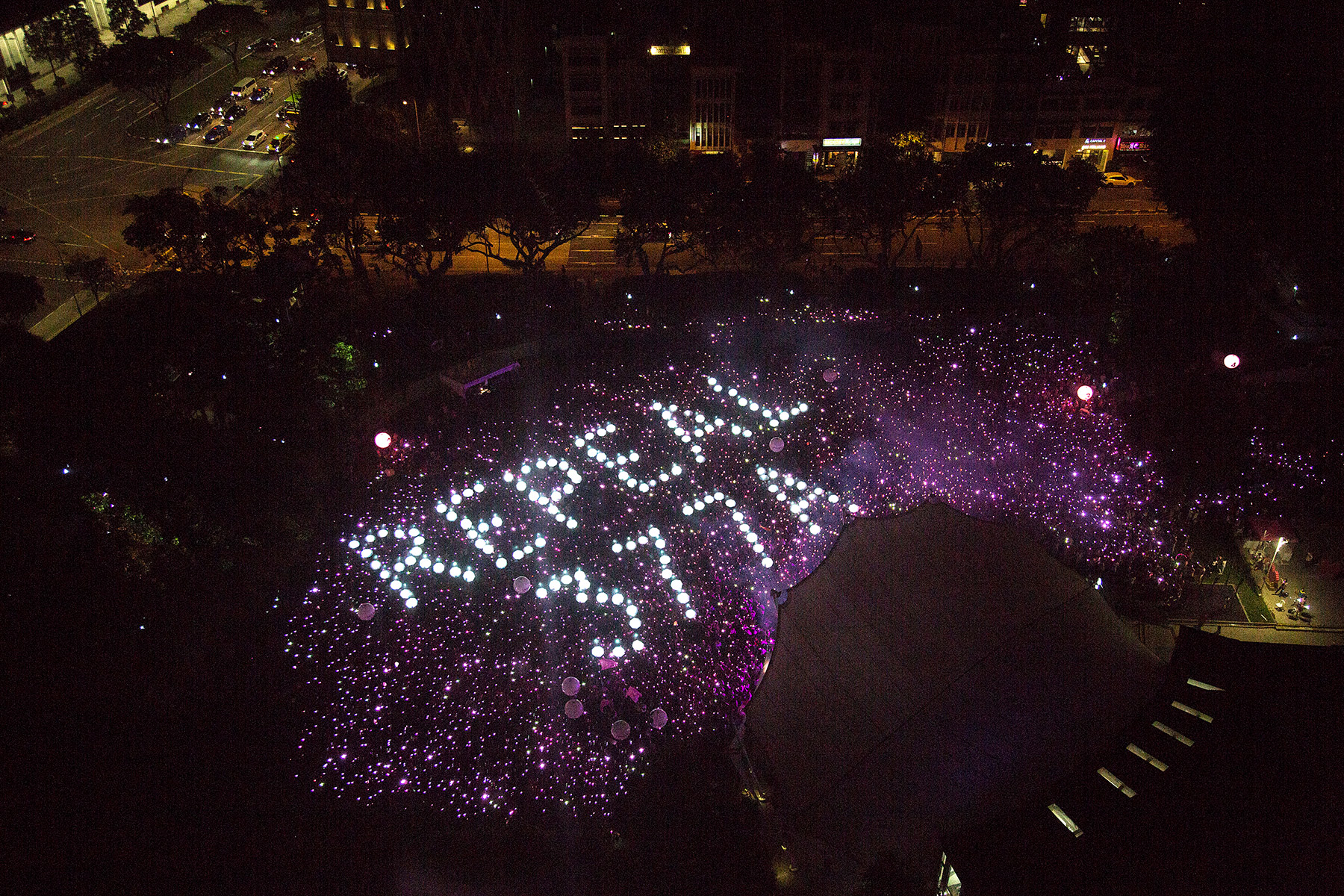 View from above of a protest with attendees forming the letters of 'Repeal 377A'