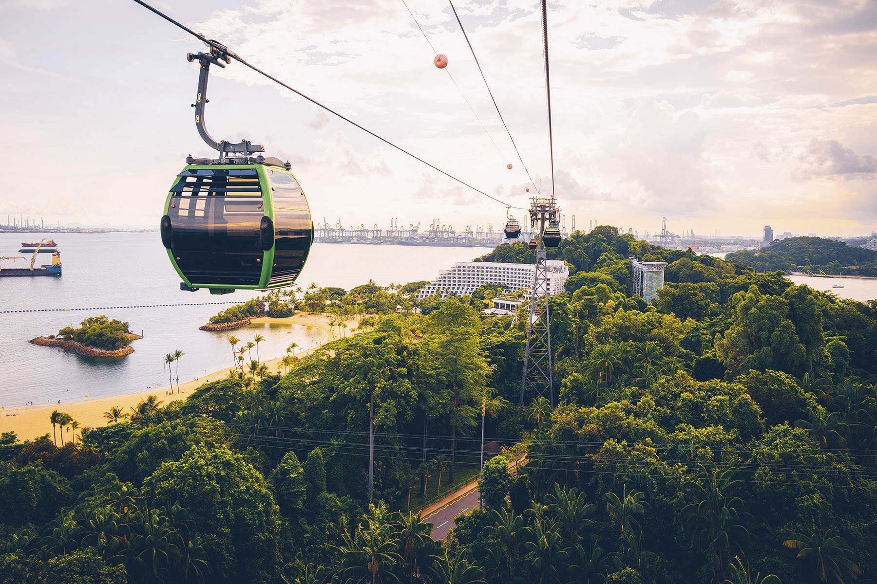 A cable car moving across Sentosa Island in Singapore

