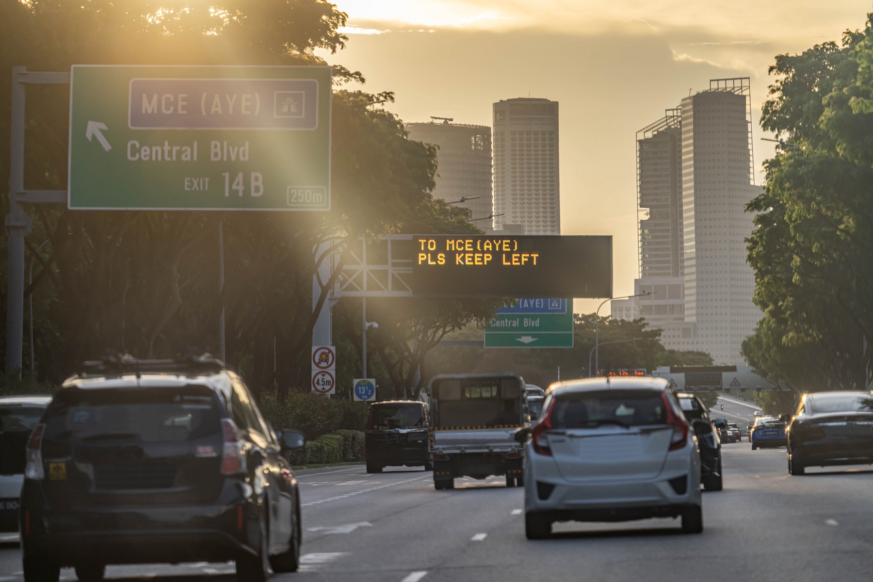 Commuter traffic on East Coast Parkway, Singapore around sunset