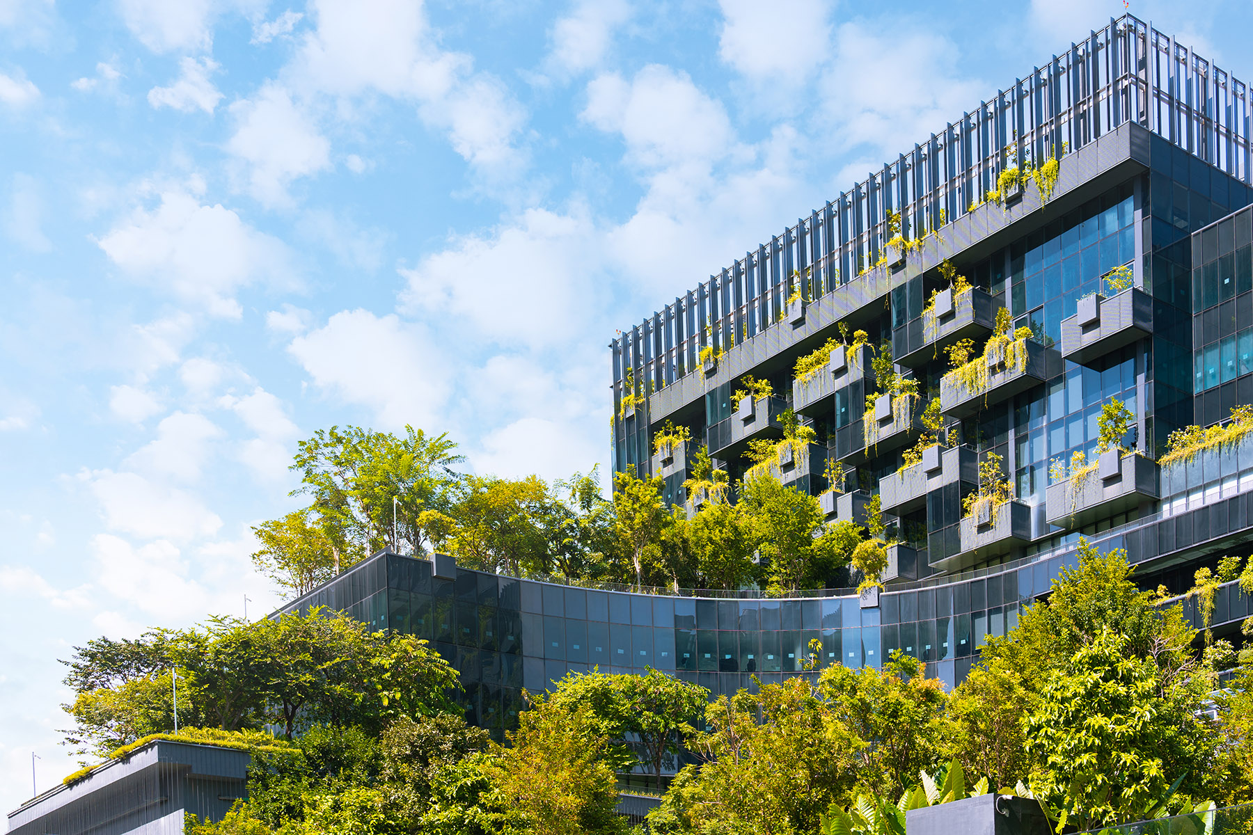 Condos in Bangkok with balcony gardens - Low angle view of building with vertical garden

