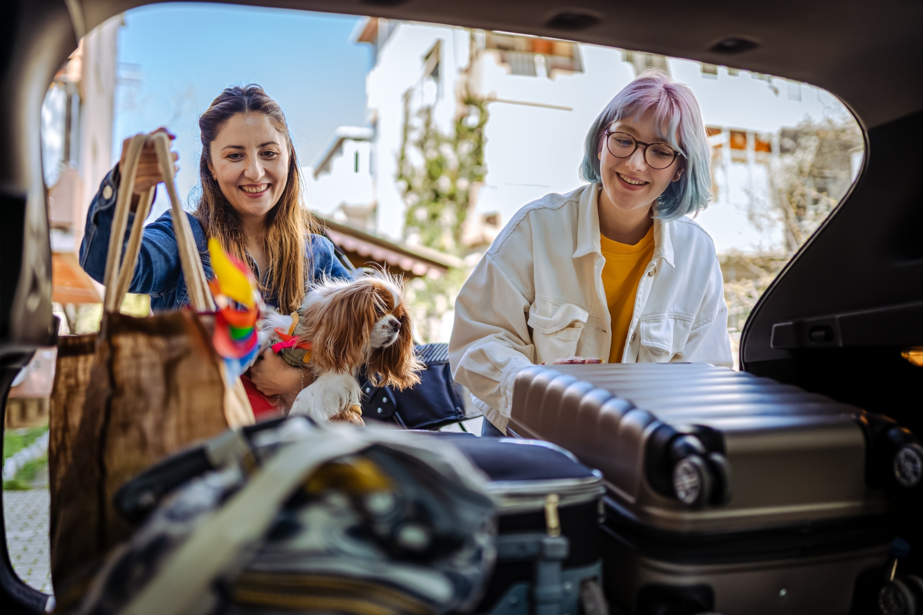 Two women load a car with bags, suitcases, and a Cavalier King Charles Spaniel