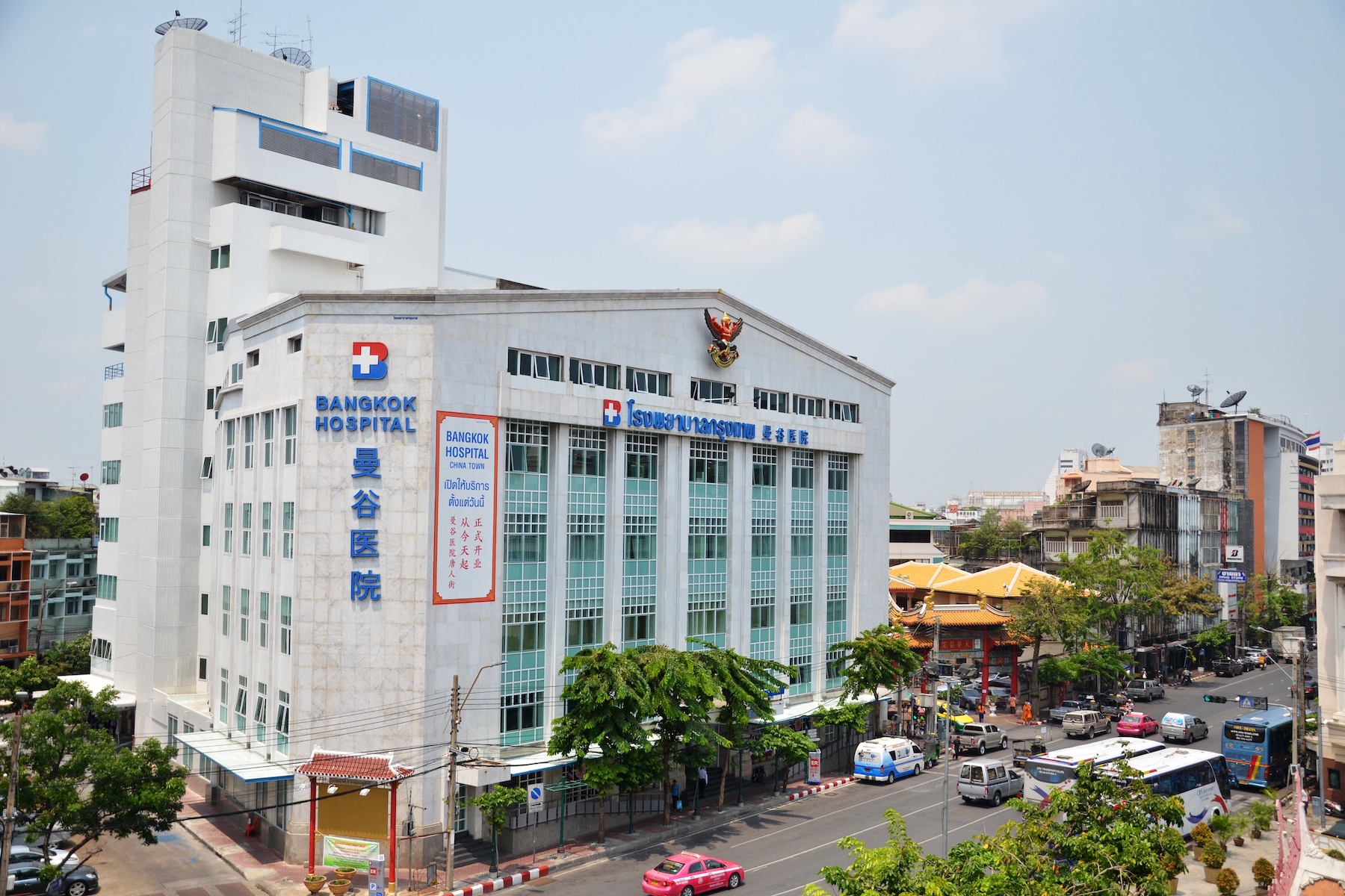Bangkok Hospital in Bangkok's Chinatown sits on the corner of a busy street
