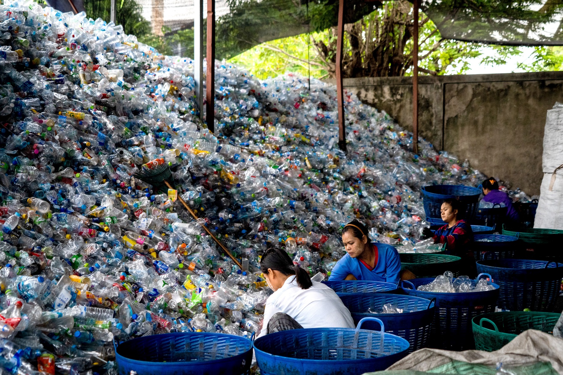 Workers sort through thousands of recyclable plastic bottles at an outdoor sorting facility