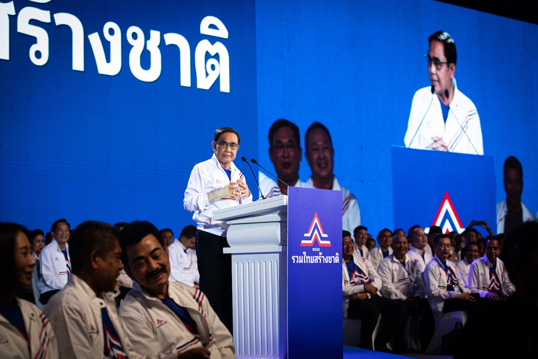 Former Prime Minister, Prayut Chan-o-cha, giving a speech at the United Thai Nation Party campaign launch event in March 2023