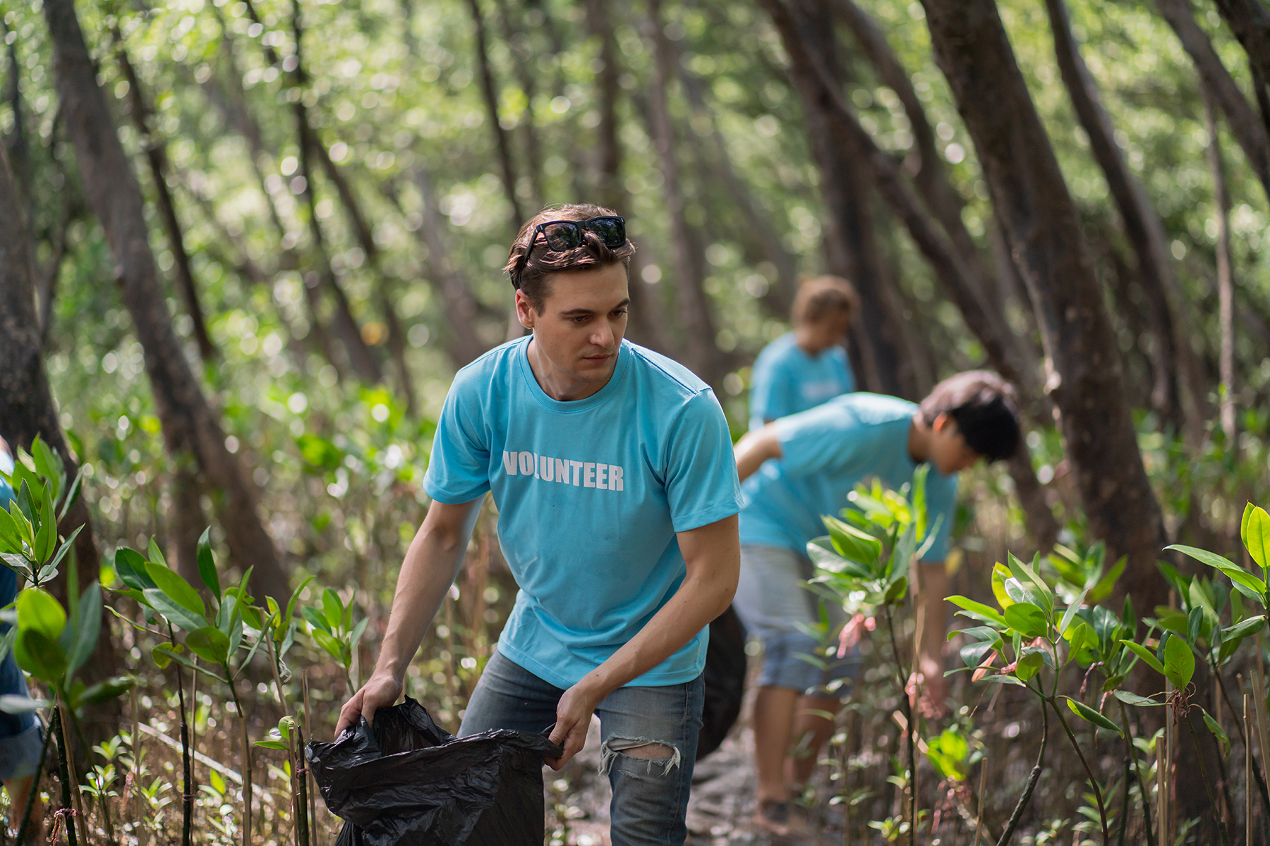 Volunteers picking up trash in the woods