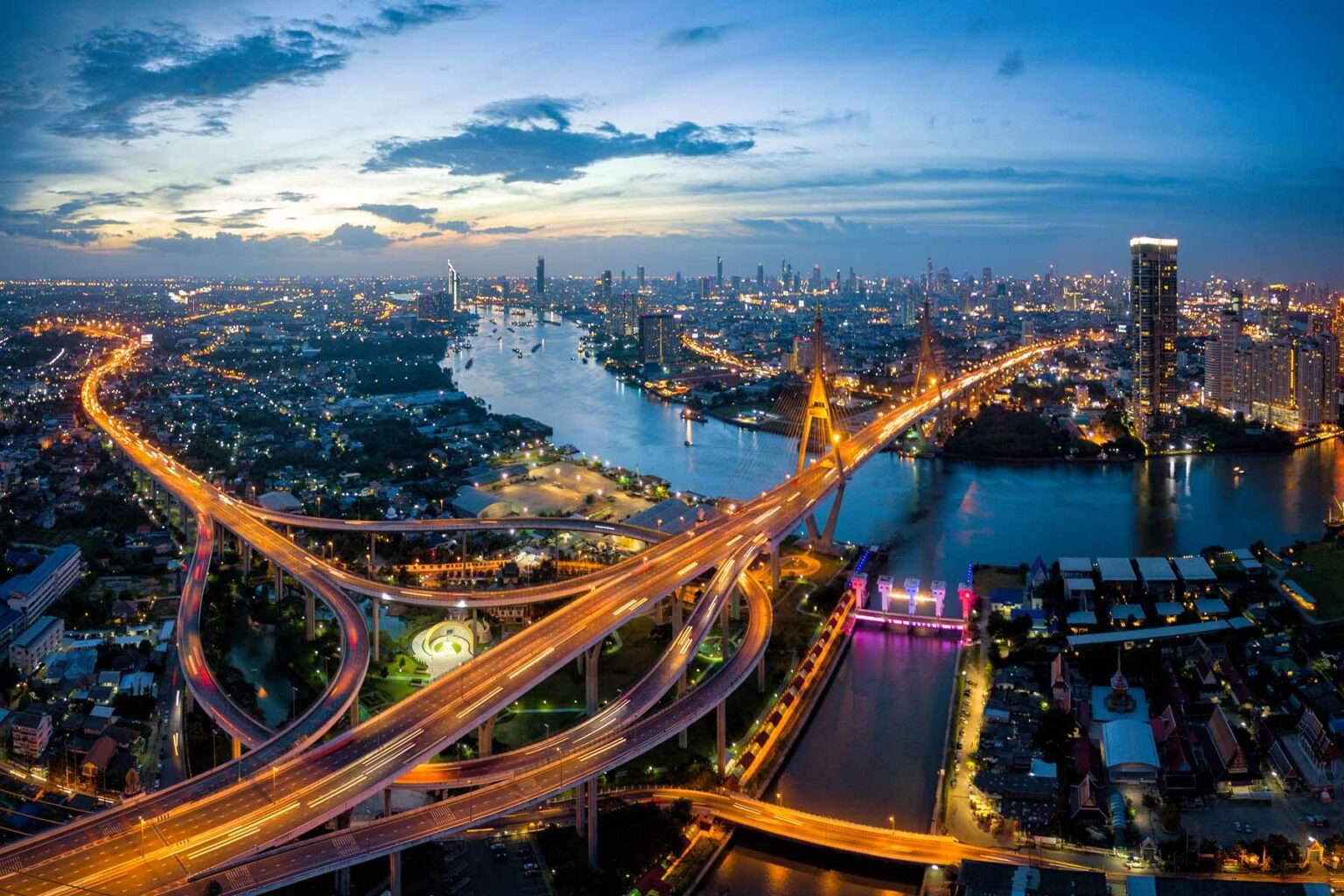 An aerial view of Bangkok at night