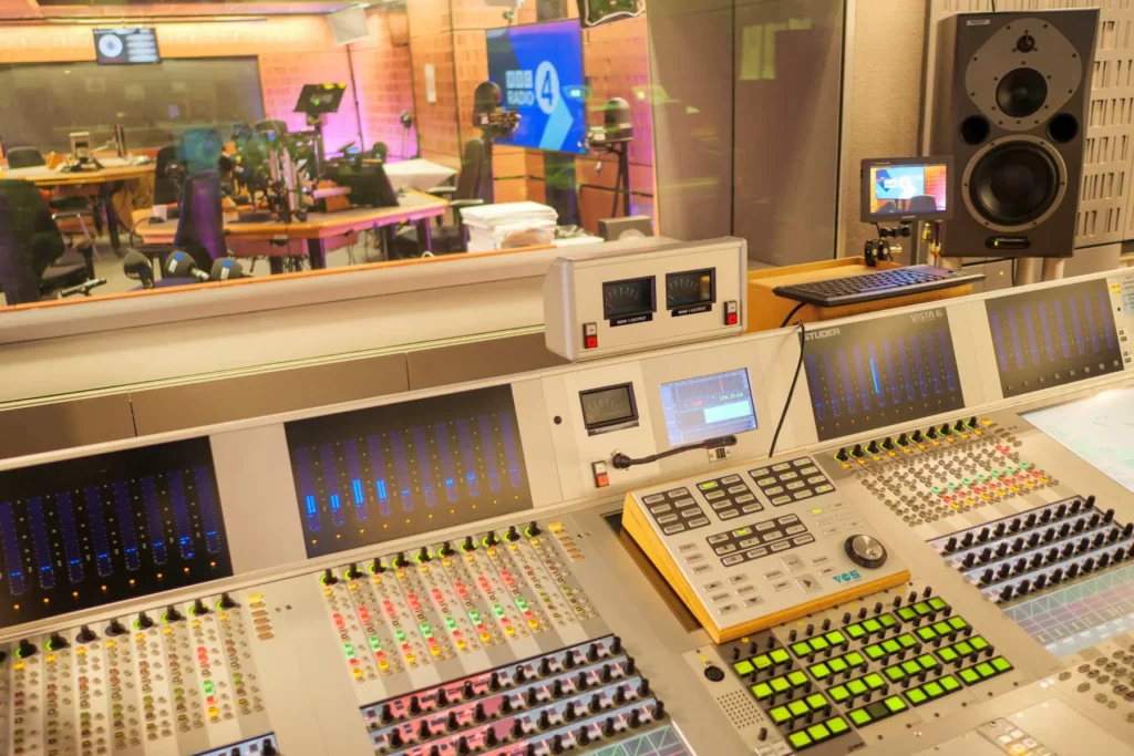 the control panel inside the BBC Radio broadcast studio in Broadcasting House, London, UK