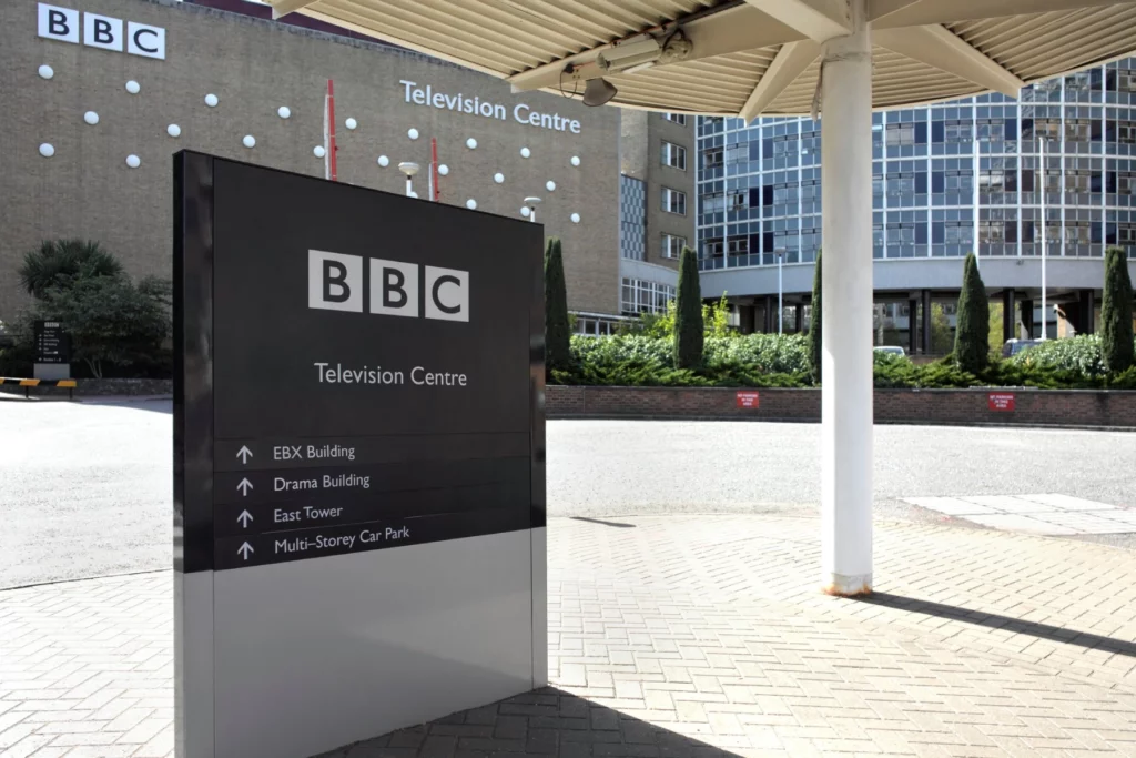 the entrance and sign to the BBC Television Centre in London