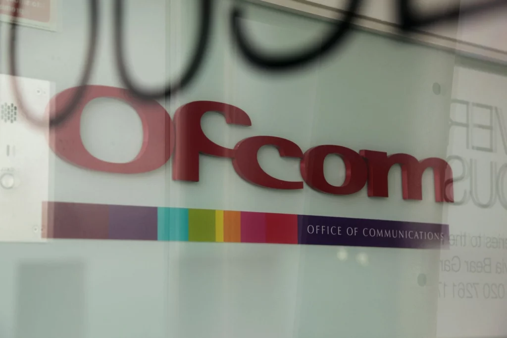 a sign at the offices of Ofcom (Office of Communications) in Southwark, London