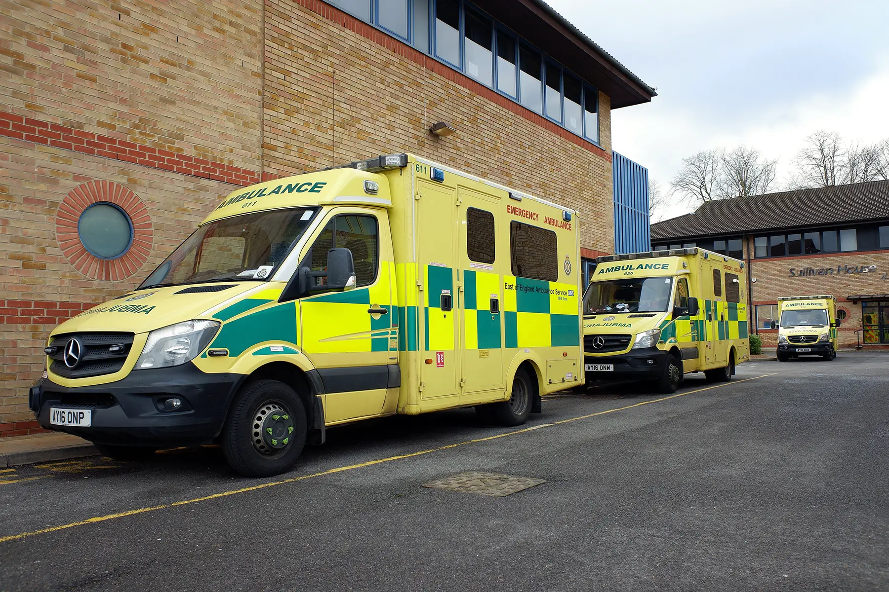 Ambulances at a hospital in Watford, UK