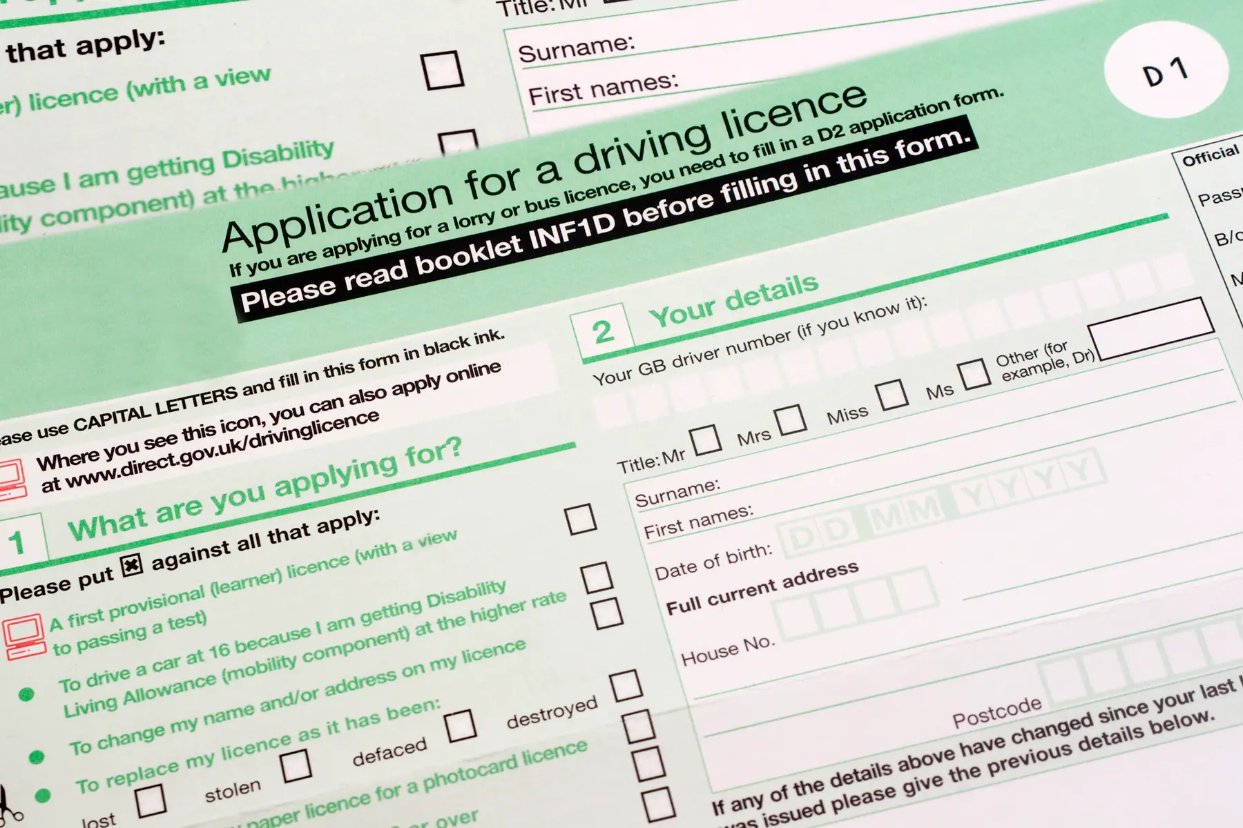 Close-up of forms for getting a driver's license in the UK