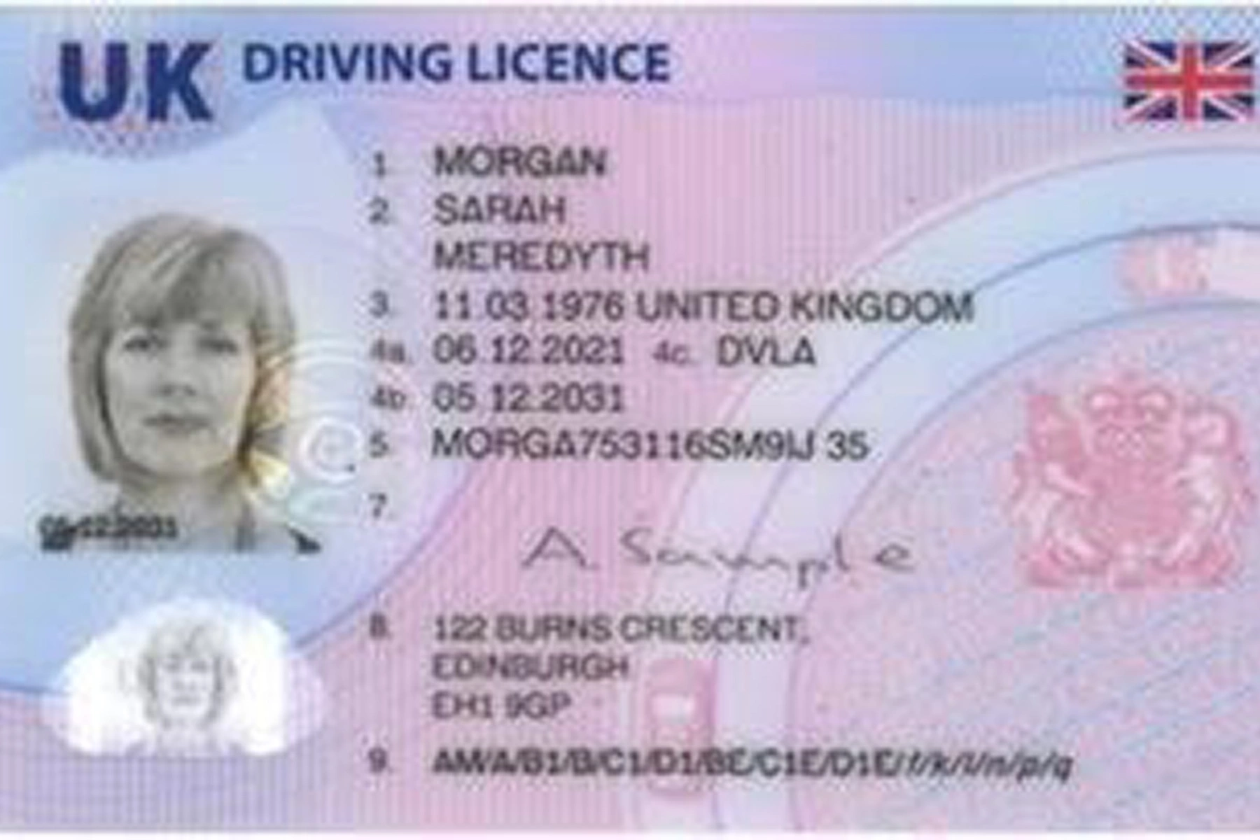 Example of a UK driver's license