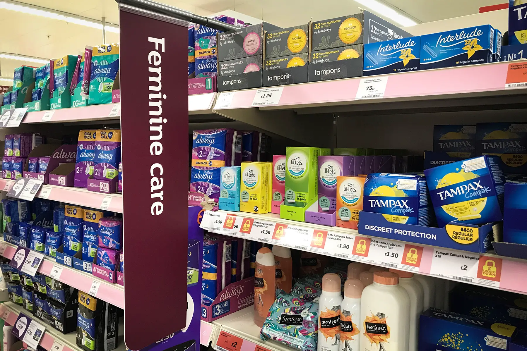 Feminine hygiene products in a UK supermarket