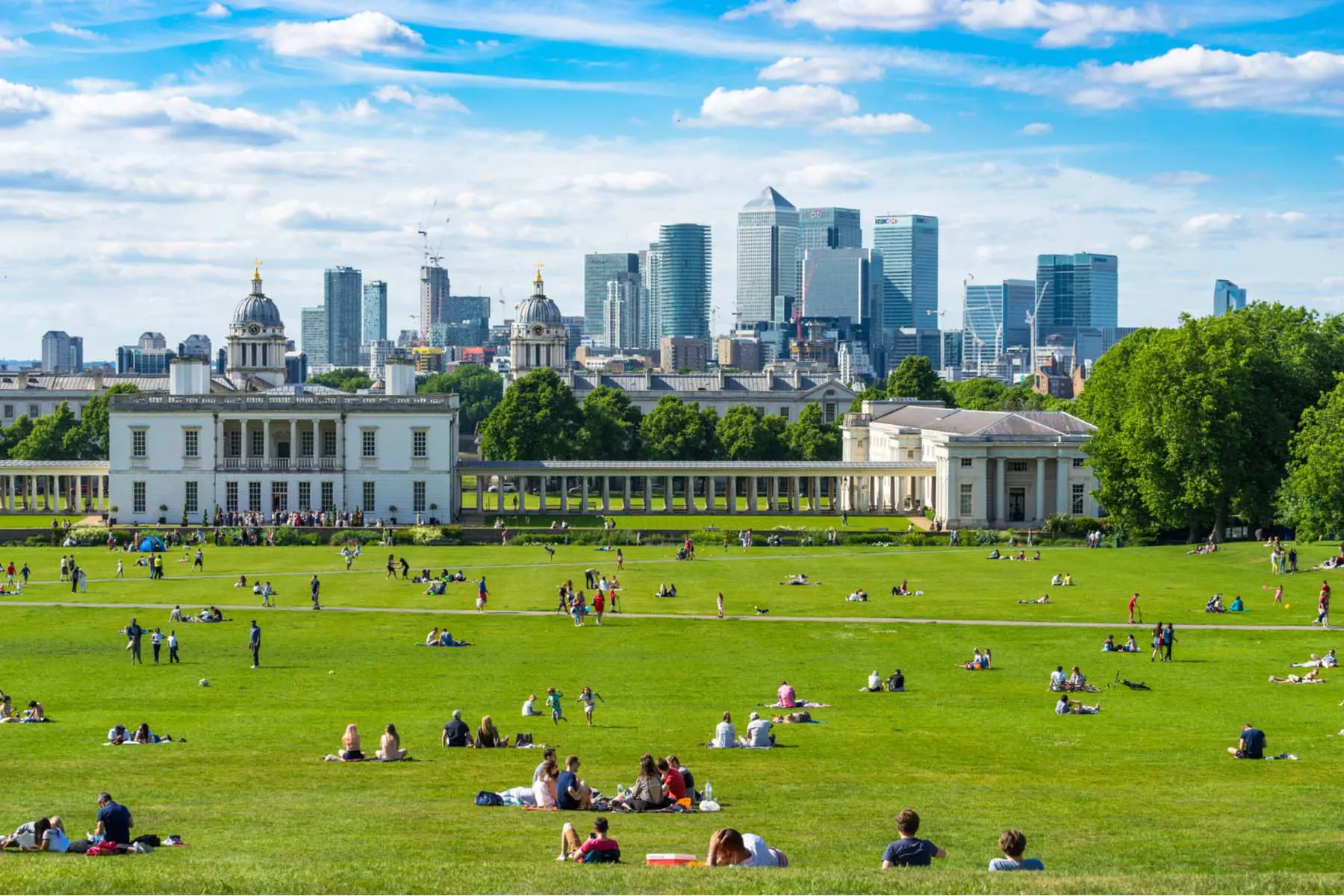 Greenwich Park with old and new buildings in background