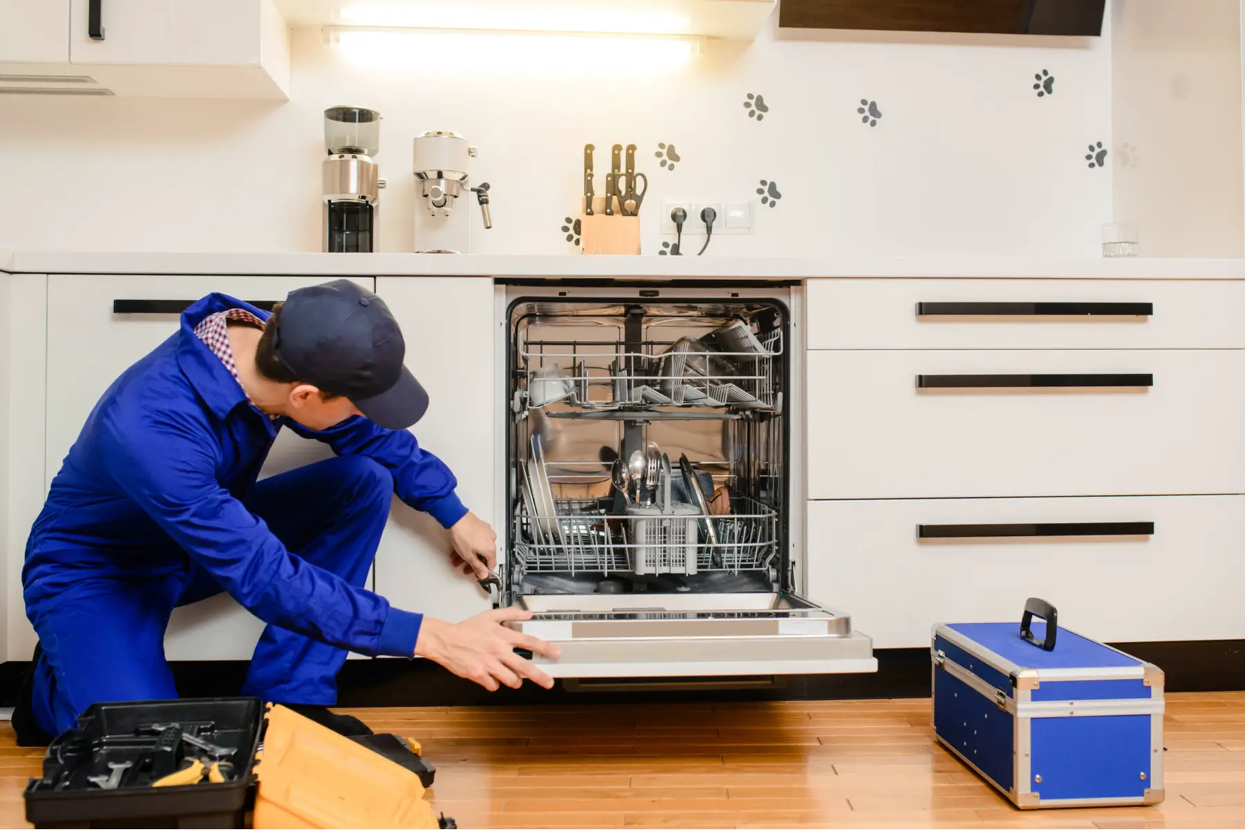 Electrician fixing dishwasher in home