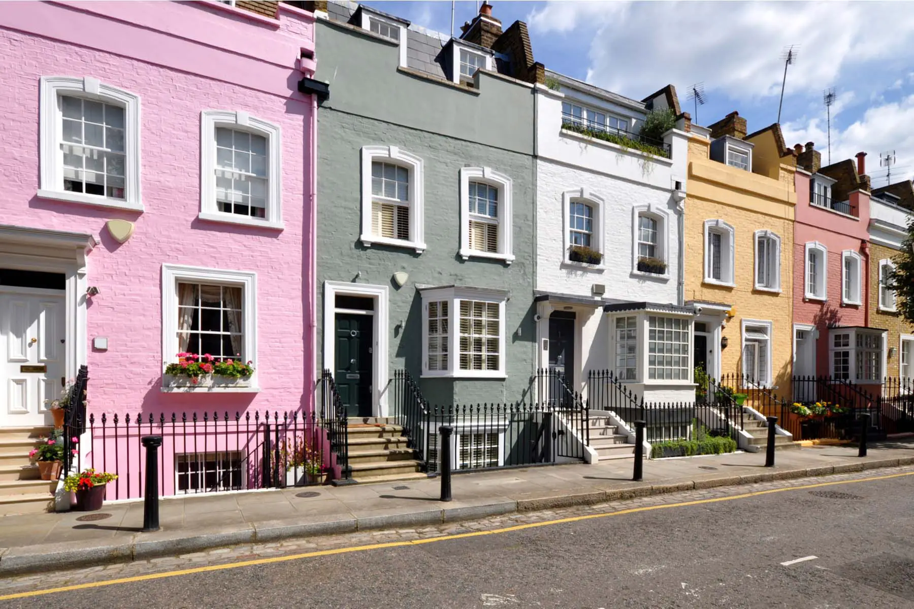 brightly colored terrace homes in London