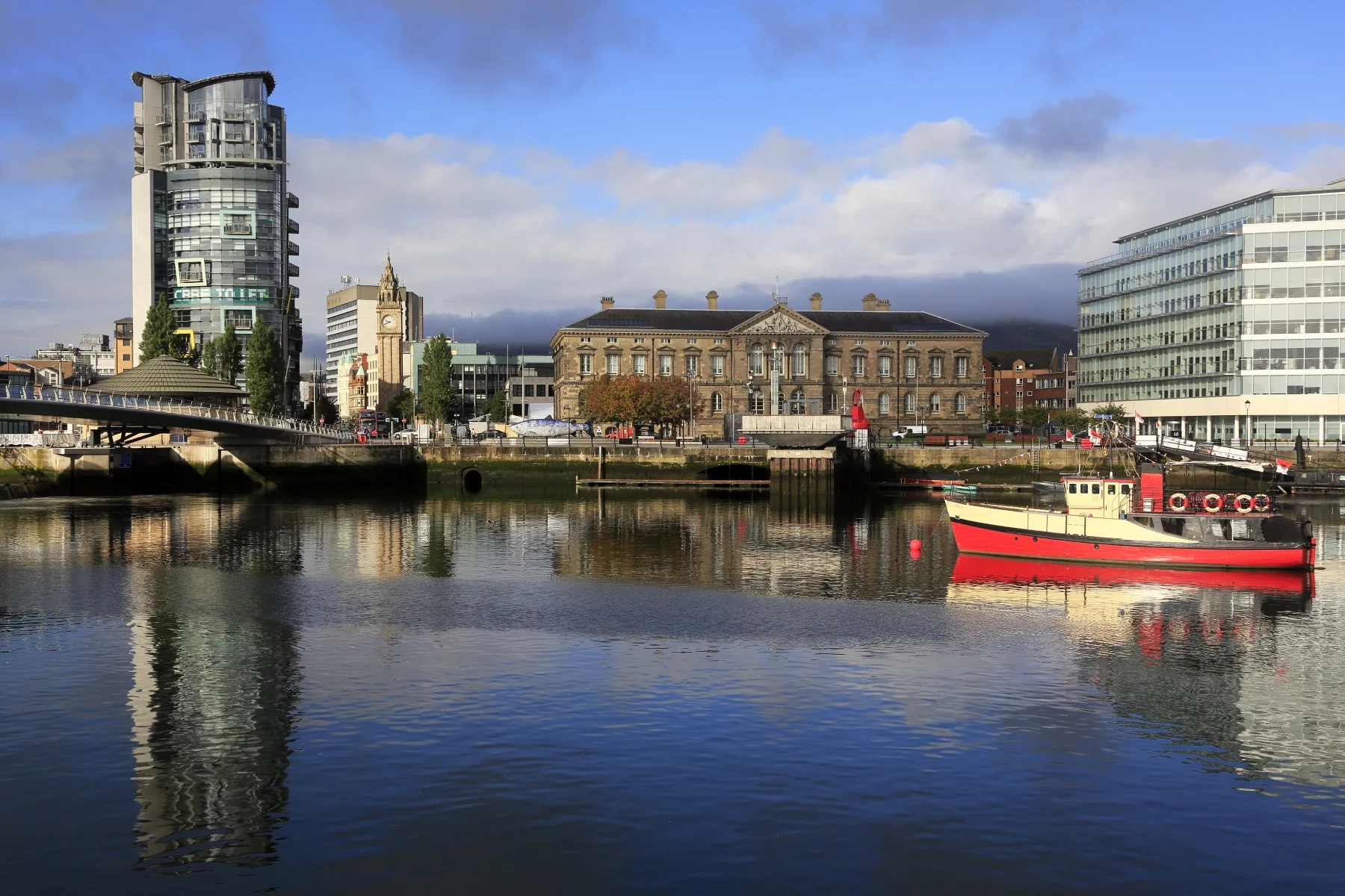 River Lagan with Custom House and the view of city center of Belfast in the background