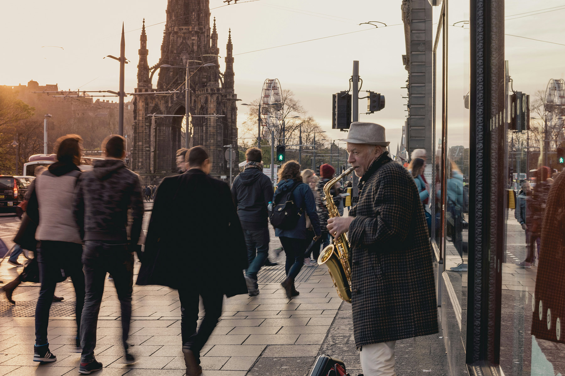 A street musician playing saxophone in Edinburgh