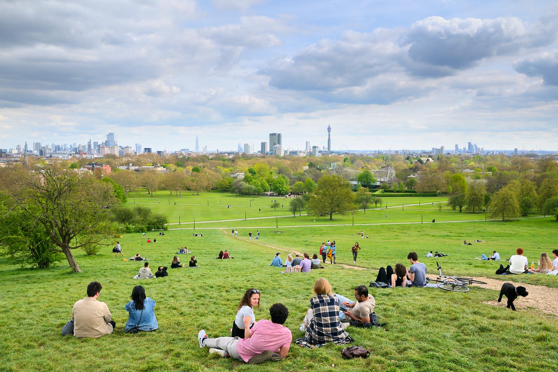 People sitting on a grassy bank overlooking the London skyline