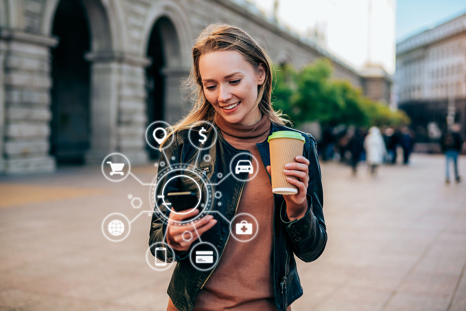 Woman using a smartphone with various icons of smart technology.