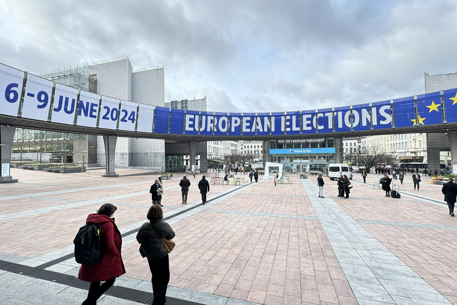 Banners at the entrance to the European Parliament for the European Parliament Elections 6–9 June 2024