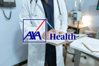 Doctor signing a document with the AXA Health logo in the center.