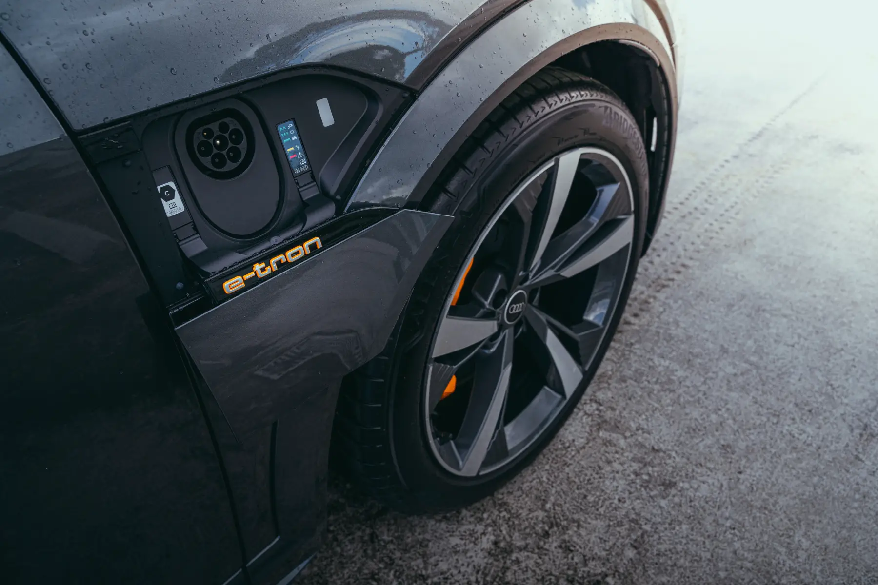 close up of charging plug on Audi e-tron electric car