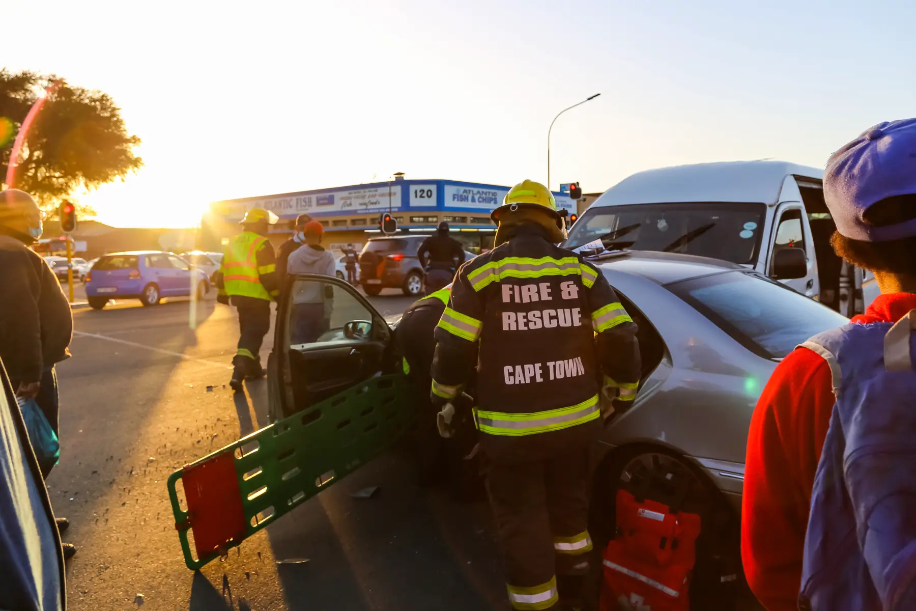 Rescue workers attending to a car crash in Cape Town